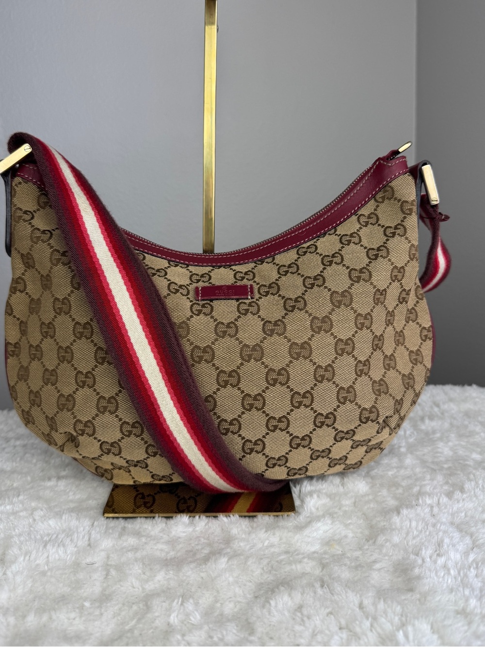 Gucci Brown GG Canvas Crescent Shoulder Bag with Burgundy Trim
